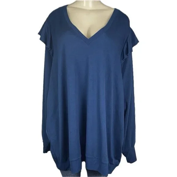Torrid +5 Teal Blue V-Neck Ruffle Accent Ribbed Trim Banded Hem Long Sleeve Top - Picture 2 of 6